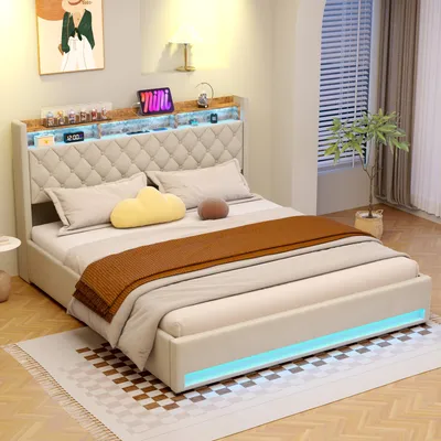 Produktbild von okwish Polsterbett 180×200 Jugendbett mit LED-Beleuchtung, USB & Steckdosen,Stauraumbett mit Kopfteil & Regal ,Komfortables Bett für Schlafzimmer,Beige(ohne Matratze)