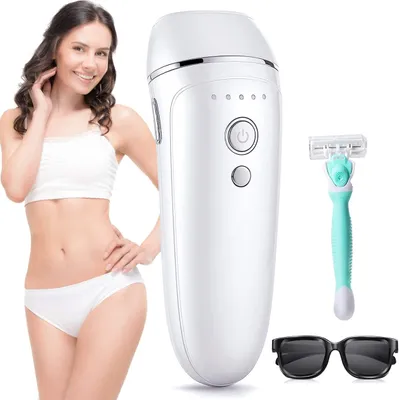 A collage of an IPL hair removal device, a razor, and sunglasses, with a woman in the background.