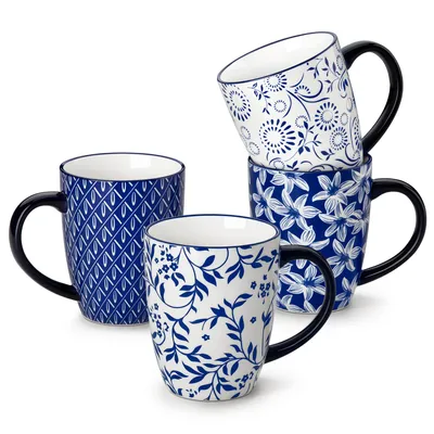 Produktbild von VANCASSO Becher Set, 4-tlg Tassen für 4, Kaffeebecher mit Henkel, 480ml Trinkbecher, Blau-weißes Porzellan