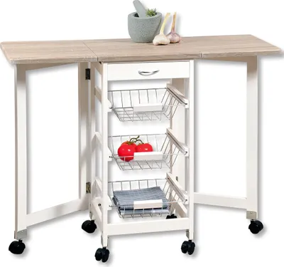 Produktbild von Kesper Küchenwagen, erweiterbare Arbeitsfläche, weiß lackiert mit Eichendekor-Arbeitsplatte, 3 Schubkörbe, 1 Schublade, 37-97 x 37 x 75,5-76,5 cm (B x T x H), auf 6 Rollen mit 2 Bremsen, Servier-/Teewagen