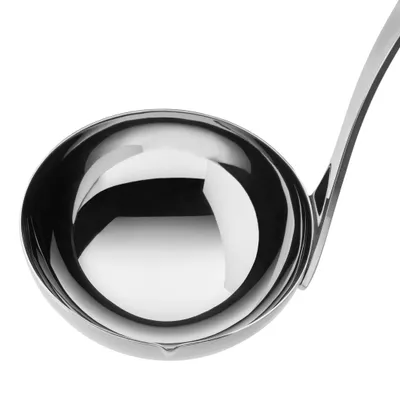A close-up studio shot of a metal ladle on a white background.