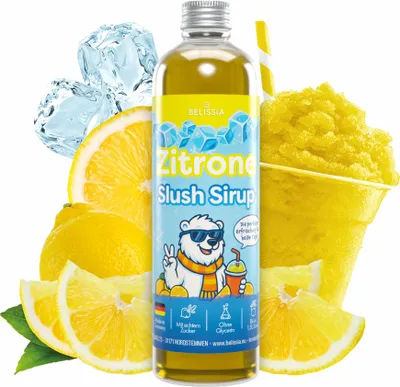 Produktbild von Belissia Slush Eis Sirup 250ml Konzentrat - Zitrone - sehr ergiebig in knalligen Farben (1:5) für bis zu 1,5 Liter - Glycerin frei – für Slush-Eis