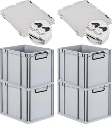 Produktbild von SuperSparSet 4x Eurobox NextGen Color mit Scharnierdeckel und Schiebeschnappverschlüssen | HxBxT 32x30x40cm | 30 Liter | Grau | Griffe schwarz geschlossen | Glatter Boden | Eurobehälter, Transportbox, Transportbehälter, Stapelbehälter
