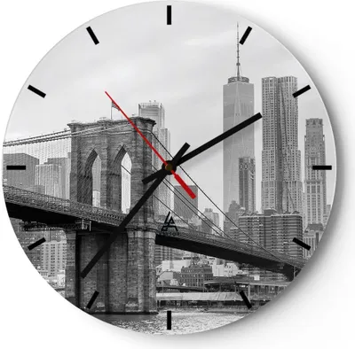 Produktbild von Wanduhr - Rund - Glasuhr - Brücke Brooklyn schwarz und weiß - 40x40cm - Schleichendes Uhrwerk - Lautlos - zum Aufhängen bereit - Dekoration Modern - Wanddekoration aus Glas - C3AR40x40-4245