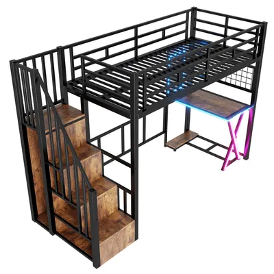 Produktbild von Hochbett mit Schreibtisch und LED-Beleuchtung, 90x200cm, Treppe mit Regal und Kleiderschrank, Kinderbett mit Rausfallschutz, Metallbett