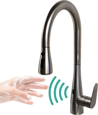 A hand with soap is shown near a kitchen faucet with sensor activation.