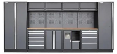 Produktbild von STIER Werkstatteinrichtung Basic, 6-teilig, modular, mit Lochwand und Multiplex-Arbeitsplatte, BxTxH 4235x460x2000mm