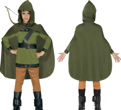 A child modeling a Robin Hood costume, shown from the front and back.