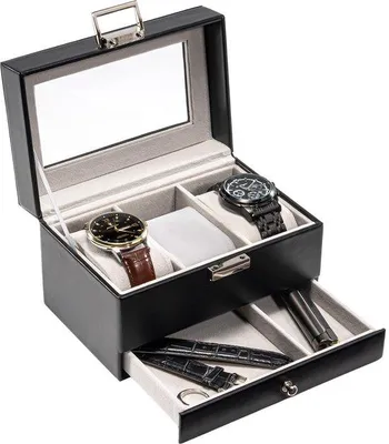 Produktbild von Schwarze Uhrenbox mit 3 Fächern und Glasdeckel