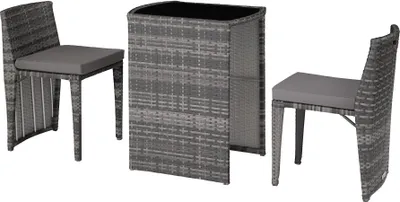 A three-piece outdoor furniture set consisting of a table and two chairs, made of rattan material with gray cushions.