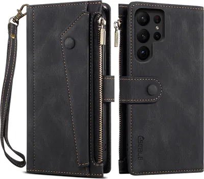 A black leather wallet case for a Samsung Galaxy S23 Ultra is shown, open to reveal the phone compartment and card slots, with a zipper pocket on the side.