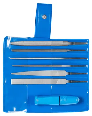 Obrázek produktu pro PFERD 11702100, Sada pilníků, Ploché složky, Půlkulatý pilník, Kulatý pilník, Čtyřhranný pilník, Trojhranný pilník, Hliník, Mosaz, Litina, Litá ocel, Měď, Ocel, Zinek, Modrá, 100 mm, Německo