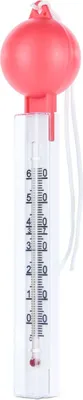 A clear studio shot of a red and clear thermometer on a white background.