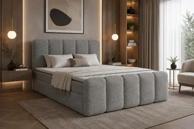 Obrázok produktu pre Prémiová posteľ s boxspringom LETT 180x200, sivá – s úložným priestorom, matracom a vrchnou podložkou | Bouclé Coral 75