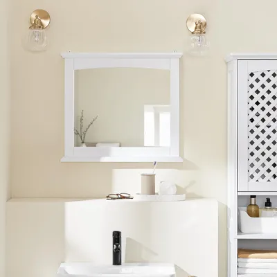 Produktbild von SoBuy Badezimmerspiegel Hängeschrank Spiegelschrank Bad Weiß – Wandspiegel mit Ablage aus E1 MDF & Glas, Badschrank Hängend für Badezimmer BZR212-W