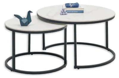 Produktbild von Beistelltisch 2er Set in Marmoroptik rund, Weiß - Couchtisch Set mit schwarzem Metallgestell - 80 x 42 x 80 cm (B/H/T)