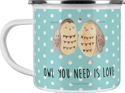 Produktbild von Mr. & Mrs. Panda Pott Eulen Liebe - Türkis Pastell - Geschenk, Emaille Tasse, Eule, glücklich, Spruch, Liebesspruch, Teetasse, Becher, Haferl, Kaffeepott