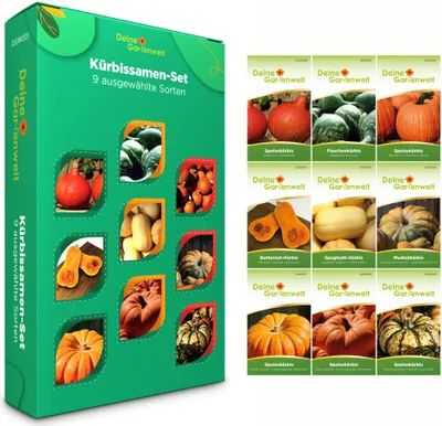 Produktbild von Kürbissamen Set - 9 Sorten Samen - Saatgut Sortiment - Anzuchtset für Kürbisse - Geschenkset - Hokkaido-Kürbis, Flaschenkürbis, Butternutkürbis, Spaghettikürbis, Muskatkürbis und mehr