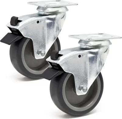 Obrázok produktu pre Sada otočných koliesok Wiltec 2x transportné kolieska Ø125 mm do 100 kg na koliesko s plastovým kolieskom, brzdou a montážnou doskou, tichý chod, transportné kolieska nábytkové kolieska kolieska