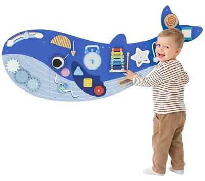 Produktbild von Montessori Motorikbrett 13-in-1 Holz Busy Board in Waleform Wandmontiertes Activity Board mit Xylophon Uhr Zahnrädern