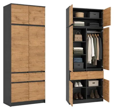 Produktbild von Home Collective Kleiderschrank für Schlafzimmer | 2 Schubladen, variable Innenaufteilung, mit Aufsatz | 100x50,5x180,5 cm | Anthrazit-Eiche
