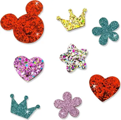 A collection of glittery craft embellishments in various shapes.
