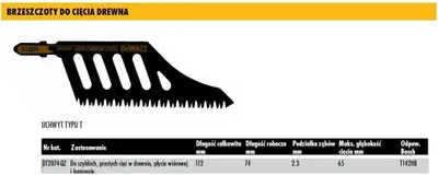 A close-up of a saw blade with product specifications listed below.