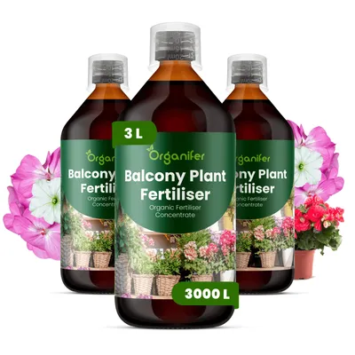 Obrázek produktu pro Tekuté Hnojivo pro Balkónové Rostliny 3x1 L – 2-1-8 NPK – Pro Kvetoucí & Zelené Rostliny – Pro Bujné Květy & Zdravé Listy – Organifer