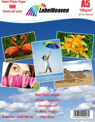 Produktbild von 100 Stück Fotopapiere A5 (149x210mm) 180g/m², LHA5180-32-100 von LabelHeaven.
