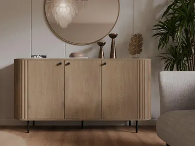 Produktbild von Ovalio Sideboard Typ 830 Kommode 164 cm Wohnzimmer Esszimmer Anrichte Modern Farbwahl Sandbeige, Cremona-Eiche und Dunin-Eiche