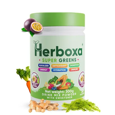 Zdjęcie produktu dla Herboxa SUPER GREENS – Zielone proszki wspomagające detoksykację – Zawierają korzeń cykorii i cynk – Smak marakui i mojito – 50 porcji