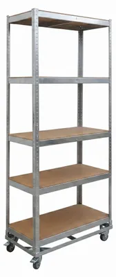 Obrázok produktu pre Relaxdays – regál na ťažké bremená na kolieskach, VxŠxH: 191 x 90 x 45 cm, nosnosť 750 kg, 5 polic, oceľ, systém na zasúvanie, skladovací regál, strieborný