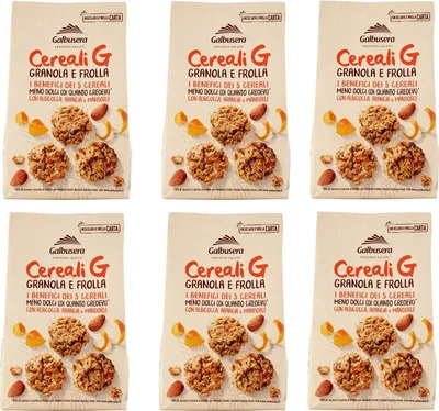 Produktbild von 6x Galbusera Cereali G Granola e Frolla Shortbread-Kekse mit Müsli und Obst mit Aprikose, Orange und Mandeln cookies biscuits 300g