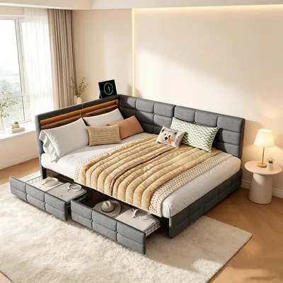 Immagine prodotto di Letto imbottito matrimoniale INONEFT, 140x200 cm, con illuminazione LED e porte USB/C, struttura a forma di L in legno con 2 cassetti e rete a doghe, rivestito in lino, colore grigio