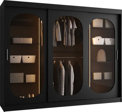 Produktbild von MIRJAN24 Kleiderschrank Bahrajn 250, Schwebetürenschrank, Garderobe (Farbe: Schwarz, Größe: 250 cm, mit Weisser LED Beleuchtung)