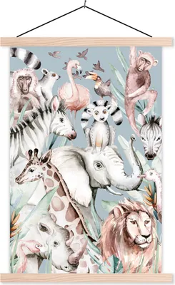 Produktbild von MuchoWow® Textilposter Wasserfarben - Tiere - Flamingo - Elefant - Jungen - Blau - Kinder - Kind 40x60 cm mit holzfarbenen Rahmen - Poster
