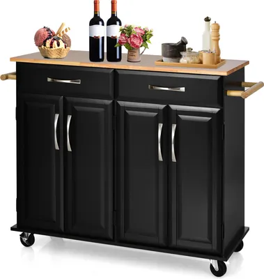 A black kitchen cart with a wooden countertop is shown against a white background. The cart has two drawers and four cabinet doors, with silver handles. It is equipped with wheels and towel racks on the sides. Decorative items like ice cream, wine bottles,