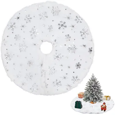 Immagine prodotto di Copri albero di Natale piccolo, rotondo, diametro 38 cm, bianco, in peluche, con decorazioni a forma di fiocchi di neve