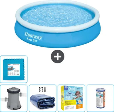 Immagine prodotto di Piscina gonfiabile rotonda Bestway ad ambientazione rapida - 366 x 76 cm - blu - inclusa pompa tenda - pacchetto manutenzione - filtro - pavimento in piastrelle