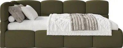 Produktbild von Selsey Cloudy – Jugendbett 90x200 cm, linksseitig mit Bouclé-Bezug, Olivgrün