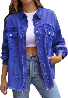 Produktbild von ASKSA Damen Jeansjacke Ripped Vintage Denim Jacken Laessige Boyfriend Jeansjacken Jean Mantel, Blau, S