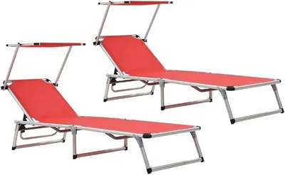 Imagen del producto de Juego de 2 tumbonas con toldo, plegables, de aluminio, para jardín. Tumbonas de tres patas, color rojo, con respaldo ajustable y toldo para proteger del sol. Ideales para jardín, balcón o terraza. Dimensiones: 186x58x75 cm