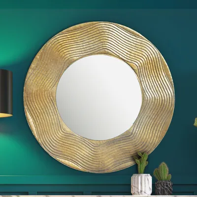 Produktbild von Wandspiegel 74 cm Metall Design Hängespiegel Gold, Aluminium Dekospiegel Rund mit Rahmen Wellenmuster, Spiegel Wand Groß, Flurspiegel Garderobenspiegel Modern