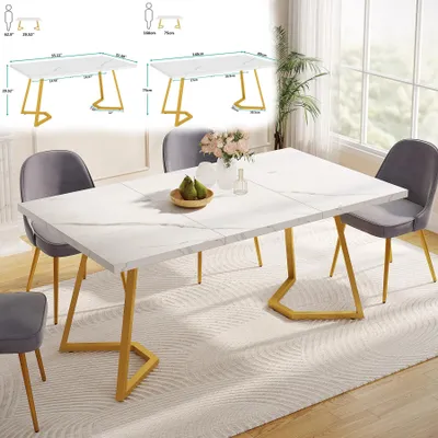 Produktbild von Esstisch - Rechteckiger Küchentisch - 160x80x75 cm - Für 4-8 Personen - Metallgestell - Tischplatte in Marmoroptik - Weiß und Gold 03
