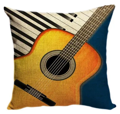 Productafbeelding van Kussensloop met muziekthema: gitaar en pianotoetsen, 40 x 40 cm, linnen-katoen, 1 stuk