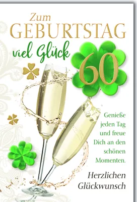 Produktbild von 60. Geburtstag Glückwunschkarte mit Briefumschlag Sekt und Kleeblatt