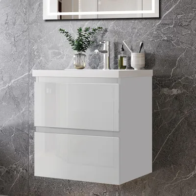 Produktbild von 50 cm Badmöbel-Set Unterschrank mit Keramik waschtisch 2 Schubladen soft-close Hochglanz Weiß Selbstmontierter