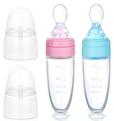 Imagen del producto de Set de 2 cucharas de silicona para alimentar bebés, con biberón incluido