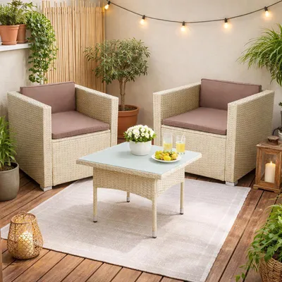 Produktbild von Polyrattan Lounge Set Gartenset Loungesessel Gartensessel Gartentisch Beige