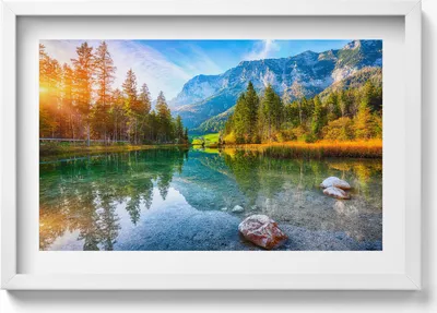 Produktbild von Fluss-Berge-Landschaft– Wandbild mit Rahmen – Gerahmtes Bild  – Wanddekoration – 60x40 cm –  Schwarz Rahmen